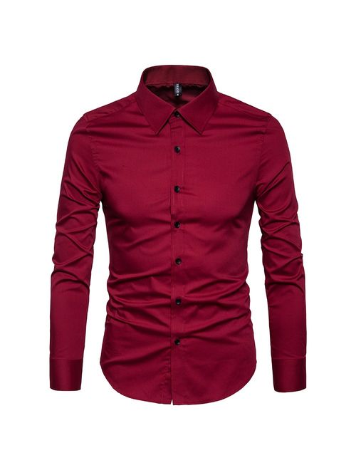 Manwan walk Men's Slim Fit Business Cotton Long Sleeves Solid Button Down Dress Shirts