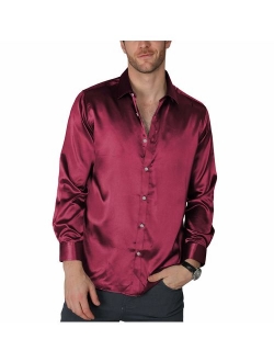 VICALLED Men's Satin Luxury Dress Shirt Slim Fit Silk Casual Dance Party Long Sleeve Fitted Wrinkle Free Tuxedo Shirts