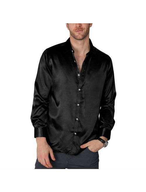 VICALLED Men's Satin Luxury Dress Shirt Slim Fit Silk Casual Dance Party Long Sleeve Fitted Wrinkle Free Tuxedo Shirts