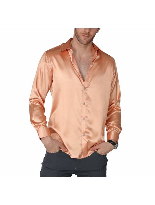 VICALLED Men's Satin Luxury Dress Shirt Slim Fit Silk Casual Dance Party Long Sleeve Fitted Wrinkle Free Tuxedo Shirts