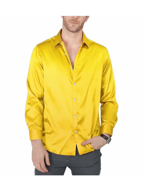 VICALLED Men's Satin Luxury Dress Shirt Slim Fit Silk Casual Dance Party Long Sleeve Fitted Wrinkle Free Tuxedo Shirts