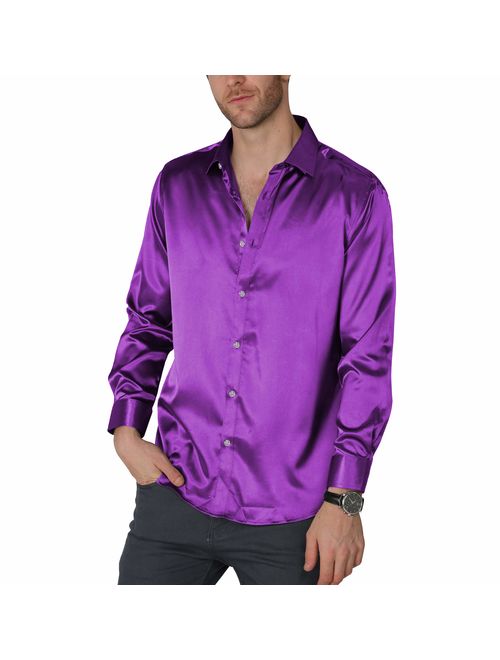 VICALLED Men's Satin Luxury Dress Shirt Slim Fit Silk Casual Dance Party Long Sleeve Fitted Wrinkle Free Tuxedo Shirts