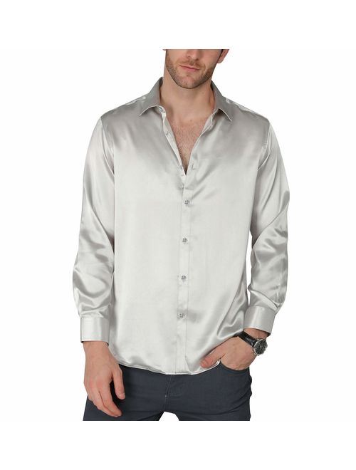 VICALLED Men's Satin Luxury Dress Shirt Slim Fit Silk Casual Dance Party Long Sleeve Fitted Wrinkle Free Tuxedo Shirts