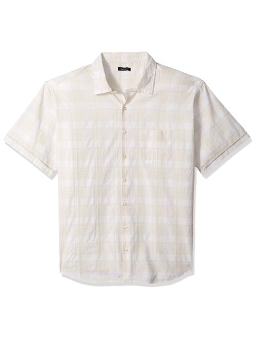 Van Heusen Men's Big and Tall White Washed Short Sleeve Button Down Plaid Slub Shirt