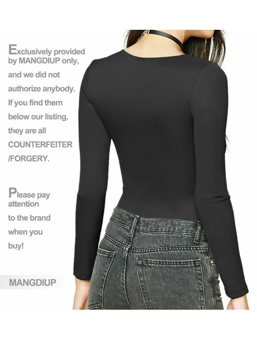 MANGDIUP Women's Round Collar Long Sleeve Elastic Bodysuit Jumpsuit