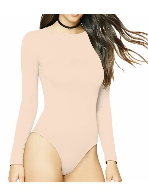 MANGDIUP Women's Round Collar Long Sleeve Elastic Bodysuit Jumpsuit