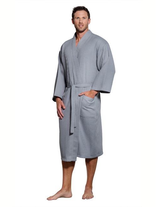 Turquaz Linen Lightweight Long Waffle Kimono Spa Robe for Men (Small/Medium, Black)