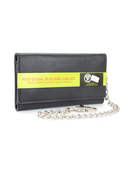 Men's RFID Signal Blocking Tri-Fold Trucker's Wallet in Genuine Black Leather with Heavy Duty Chain