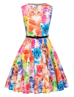 Girls Sleeveless Vintage Print Swing Party Dresses 6-15 Years