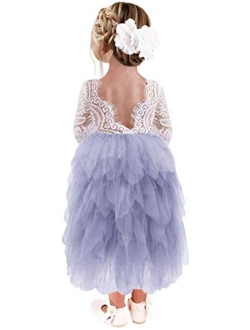 2Bunnies Girl Beaded Peony Lace Back A-Line Tiered Tutu Tulle Flower Girl Dress