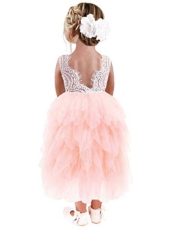 2Bunnies Girl Beaded Peony Lace Back A-Line Tiered Tutu Tulle Flower Girl Dress