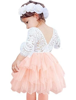 2Bunnies Girl Beaded Peony Lace Back A-Line Tiered Tutu Tulle Flower Girl Dress