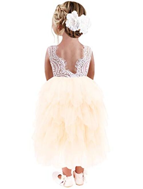 2Bunnies Girl Beaded Peony Lace Back A-Line Tiered Tutu Tulle Flower Girl Dress