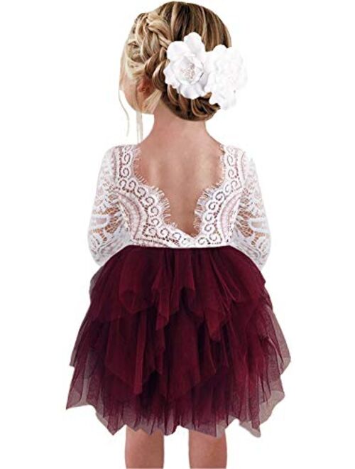 2Bunnies Girl Beaded Peony Lace Back A-Line Tiered Tutu Tulle Flower Girl Dress