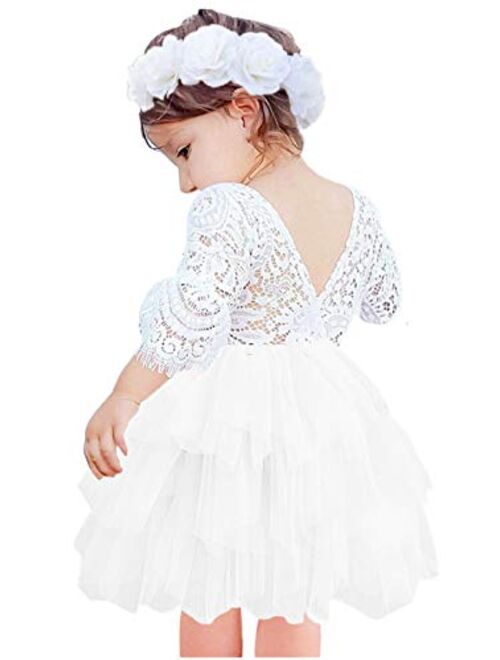 2Bunnies Girl Beaded Peony Lace Back A-Line Tiered Tutu Tulle Flower Girl Dress