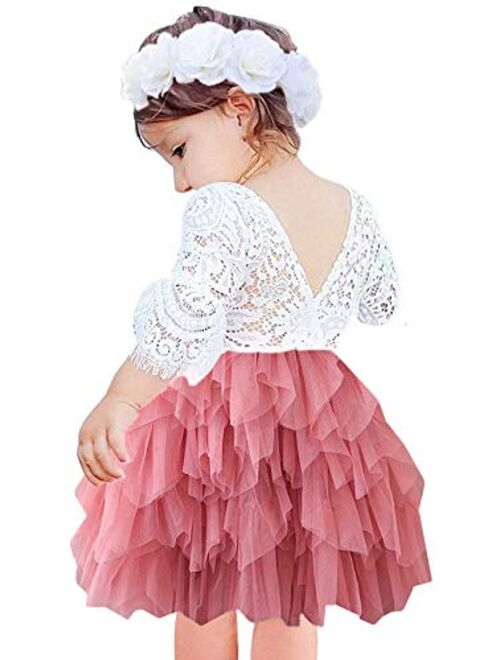 2Bunnies Girl Beaded Peony Lace Back A-Line Tiered Tutu Tulle Flower Girl Dress