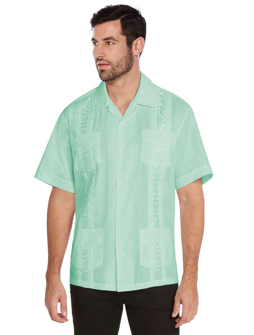 vkwear Men's Guayabera Cuban Beach Wedding Casual Short Sleeve Dress Shirt (Yellow, 4XL)