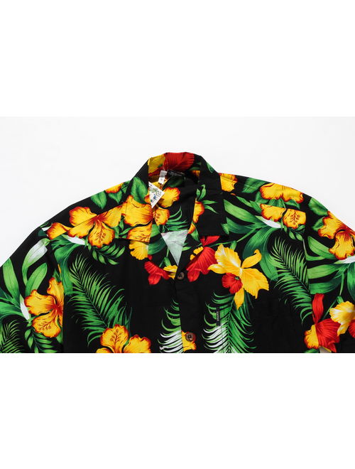 Hawaiian Shirt Aloha Shirt in Black with Yellow and Red Floral