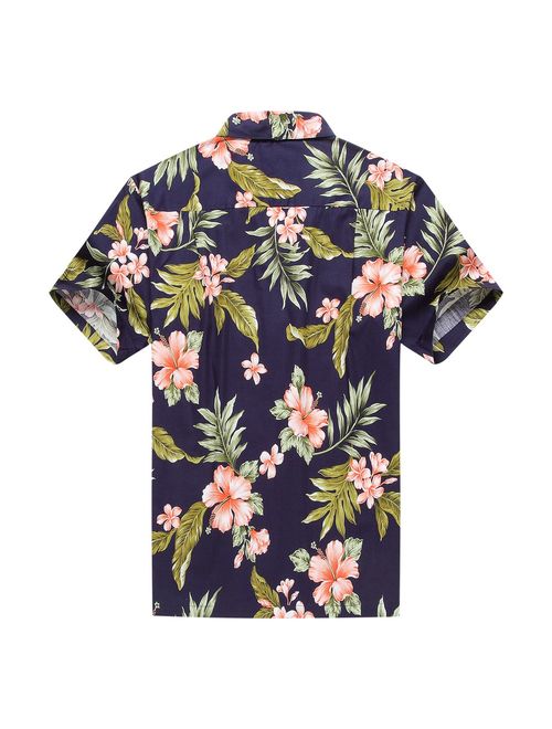 Made in Hawaii Men's Hawaiian Shirt Aloha Shirt Cluster Floral Leaf in Navy and Pink