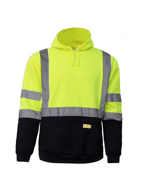 Men's ANSI Class 3 High Visibility Sweatshirt, Hooded Pullover, Black Bottom - Orange / Medium