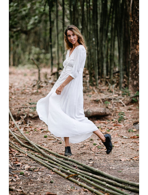 Bohemian Clothing, White Long Dress,Button Dress, White Maxi Dress With Sleeves, Boho Dress, Fashion Dress