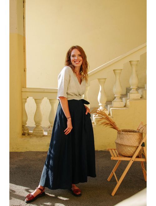 Wrap Linen Skirt with Pockets, Linen Maxi Skirt for Women, Maxi Skirt Plus Size to 3XL, Long Wrap Skirt with Pockets, Long Navy Skirt