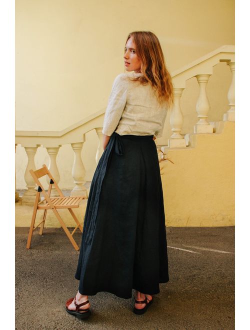 Wrap Linen Skirt with Pockets, Linen Maxi Skirt for Women, Maxi Skirt Plus Size to 3XL, Long Wrap Skirt with Pockets, Long Navy Skirt