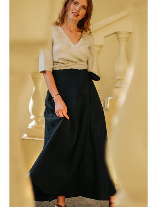 Wrap Linen Skirt with Pockets, Linen Maxi Skirt for Women, Maxi Skirt Plus Size to 3XL, Long Wrap Skirt with Pockets, Long Navy Skirt