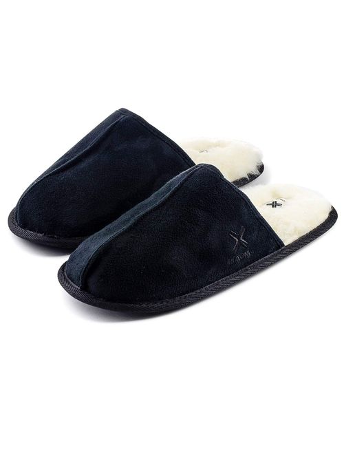 Roxoni Mens Warm Winter Slippers-Scuff Style-Sizes 7 to 13-Faux Sheepskin Lined -Rubber Sole-Style #1243