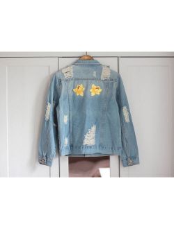 Ripped denim jacket with flower patches * Blue and yellow jean jacket * SMALL