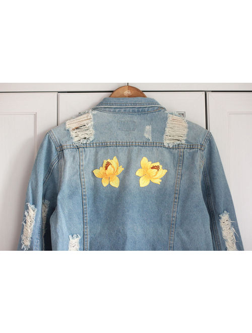 Ripped denim jacket with flower patches * Blue and yellow jean jacket * SMALL