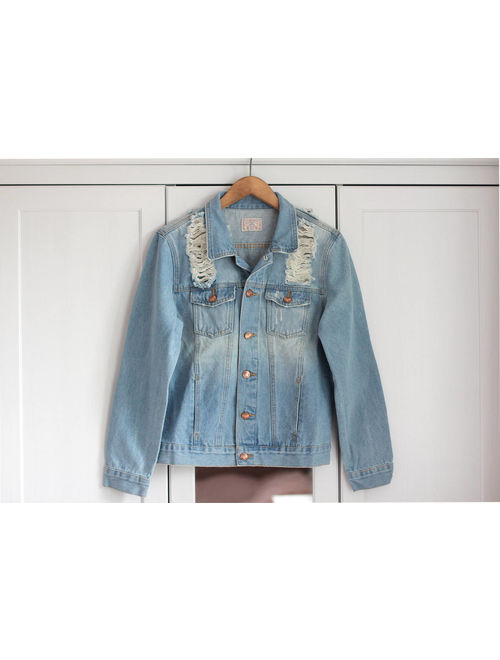 Ripped denim jacket with flower patches * Blue and yellow jean jacket * SMALL