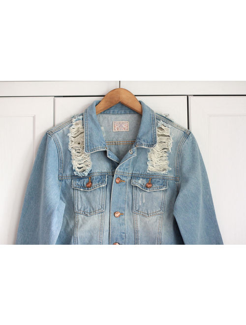 Ripped denim jacket with flower patches * Blue and yellow jean jacket * SMALL