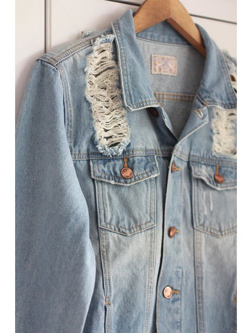 Ripped denim jacket with flower patches * Blue and yellow jean jacket * SMALL