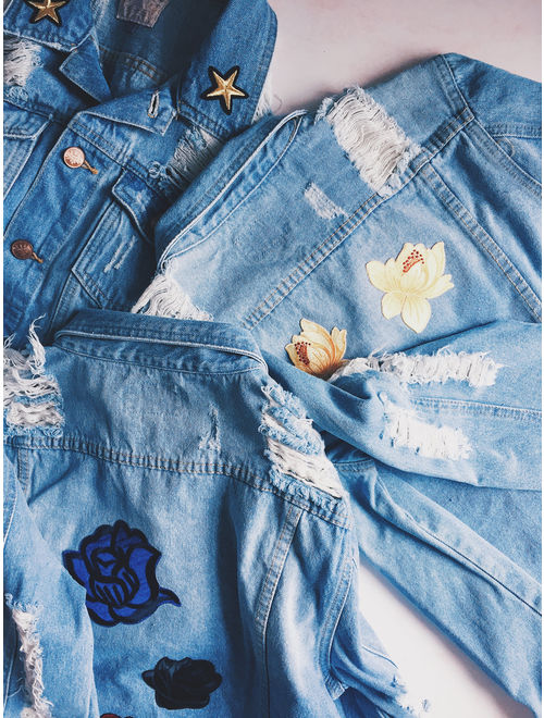 Ripped denim jacket with flower patches * Blue and yellow jean jacket * SMALL