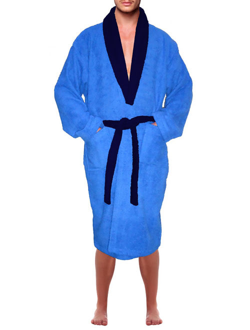 Mens 100% Terry Cotton Bathrobe Toweling Gown Robe Two tone Blue Small