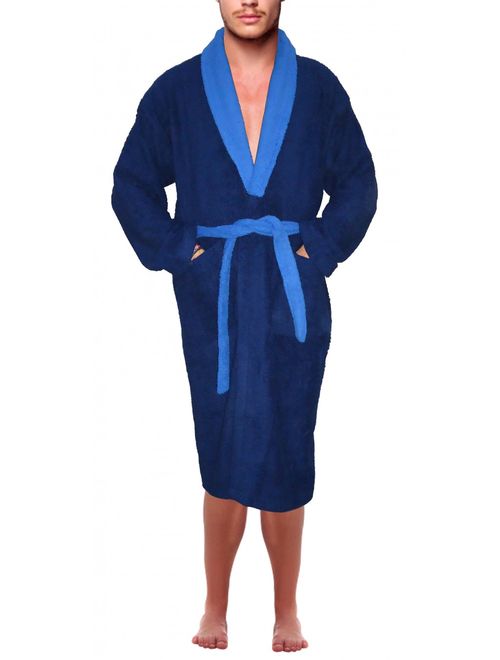 Mens 100% Terry Cotton Bathrobe Toweling Gown Robe Two tone Blue Small