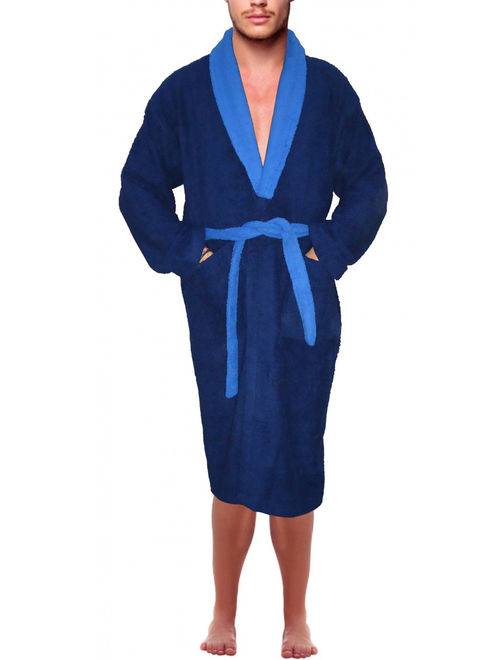 Mens 100% Terry Cotton Bathrobe Toweling Gown Robe Two tone Blue Small