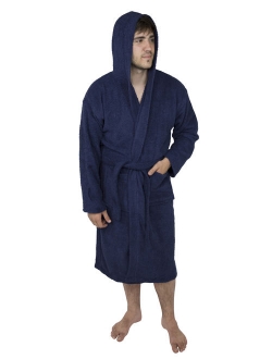 Mens 100% Terry Cotton Toweling Bathrobe Dressing Robe Hooded Blue Large