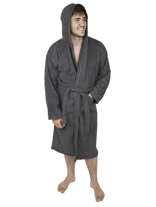 Mens 100% Terry Cotton Toweling Bathrobe Dressing Robe Hooded Blue Large