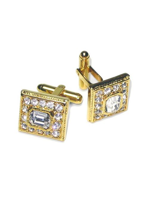 Gold-Tone CuffLinks Square w/ Stones Men's Cuff Links