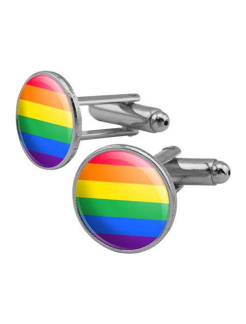 Rainbow Pride Gay Lesbian Contemporary Round Cufflink Set Silver Color