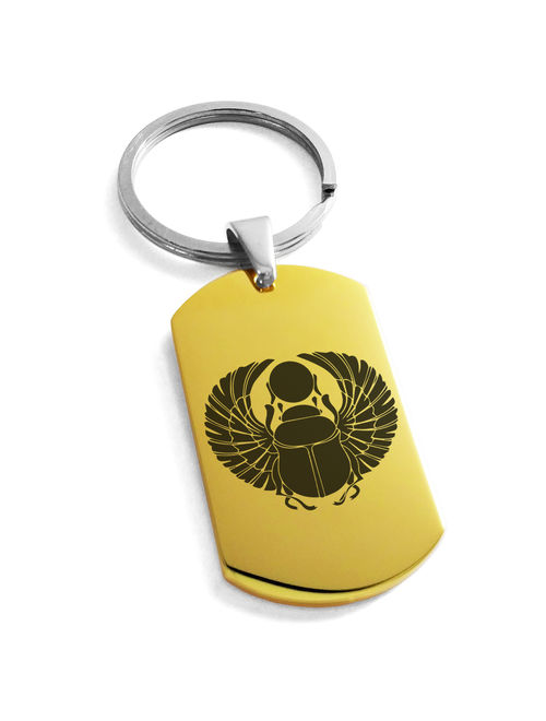 Stainless Steel Scarab Beetle Rising Sun Engraved Dog Tag Keychain Keyring