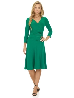 Rekucci Women's Slimming 3/4 Sleeve Fit-and-Flare Crossover Tummy Control Dress