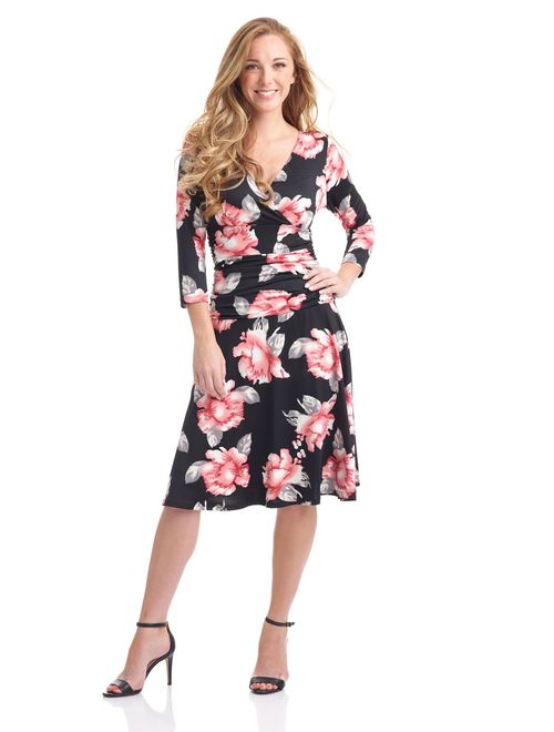 Rekucci Women's Slimming 3/4 Sleeve Fit-and-Flare Crossover Tummy Control Dress