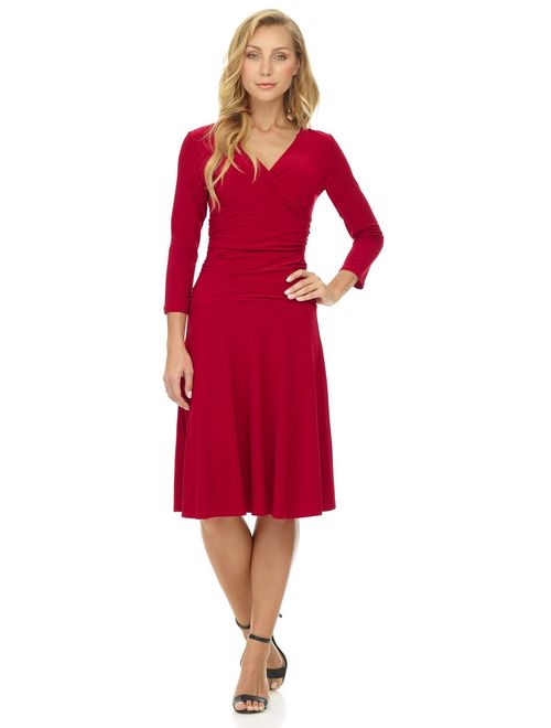 Rekucci Women's Slimming 3/4 Sleeve Fit-and-Flare Crossover Tummy Control Dress