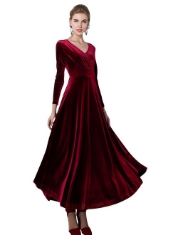 Women Long Sleeve V-Neck Velvet Stretchy Long Maxi Dress