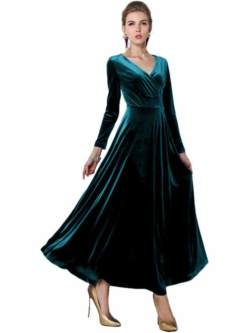 Urban CoCo Women Long Sleeve V-Neck Velvet Stretchy Long Maxi Dress