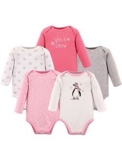 Baby Infant Girl Cotton Long-Sleeve Bodysuits 5pk, Pink Penguin, 0-3 Months