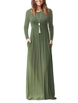 AUSELILY Women Long Sleeve Loose Plain Maxi Dresses With Pockets